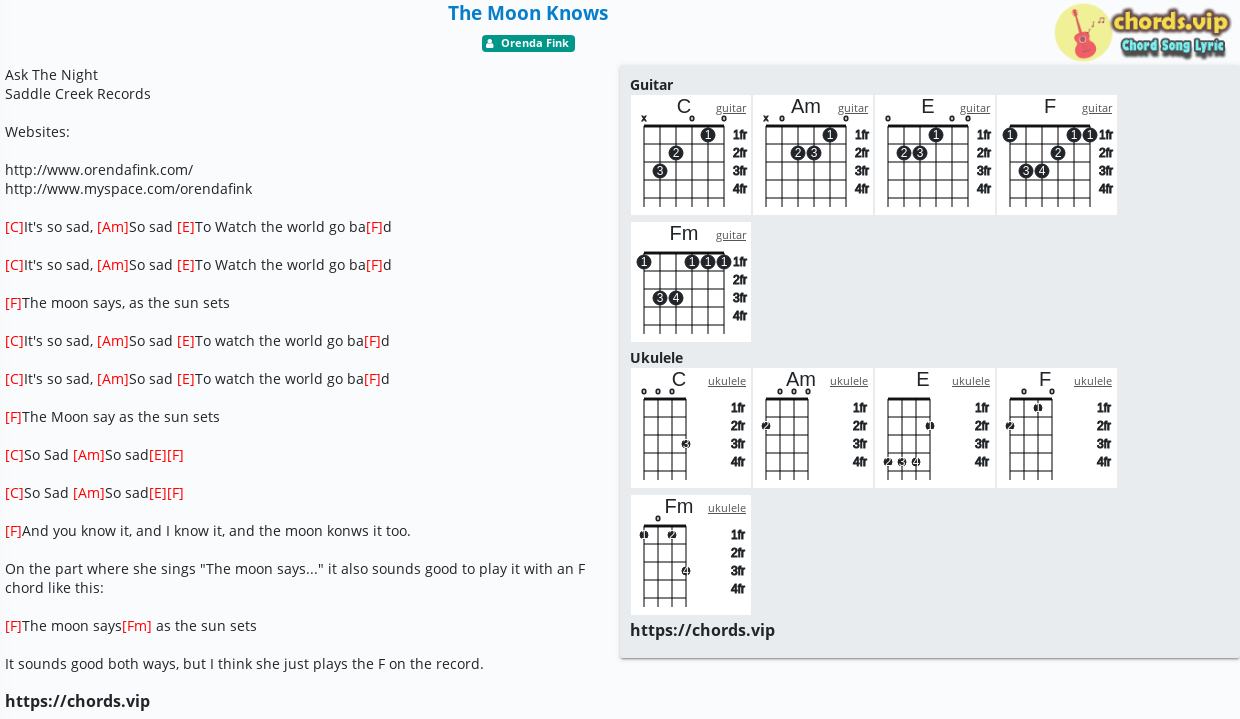 Chord The Moon Knows Orenda Fink Tab Song Lyric Sheet Guitar Ukulele Chords Vip