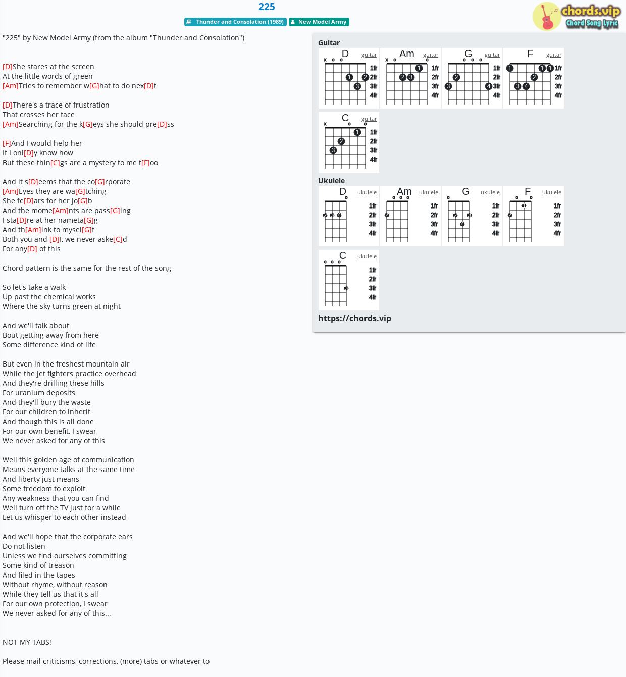 Chord 225 New Model Army Tab Song Lyric Sheet Guitar Ukulele Chords Vip