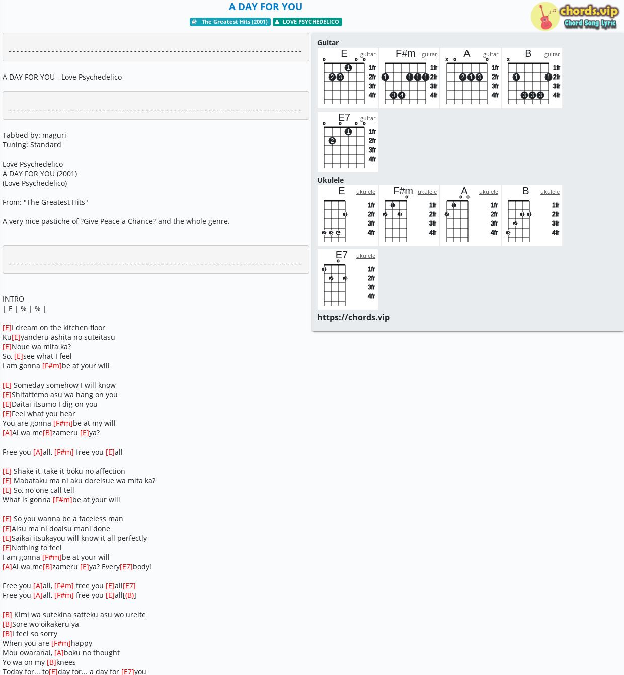 Chord A Day For You Love Psychedelico Tab Song Lyric Sheet Guitar Ukulele Chords Vip