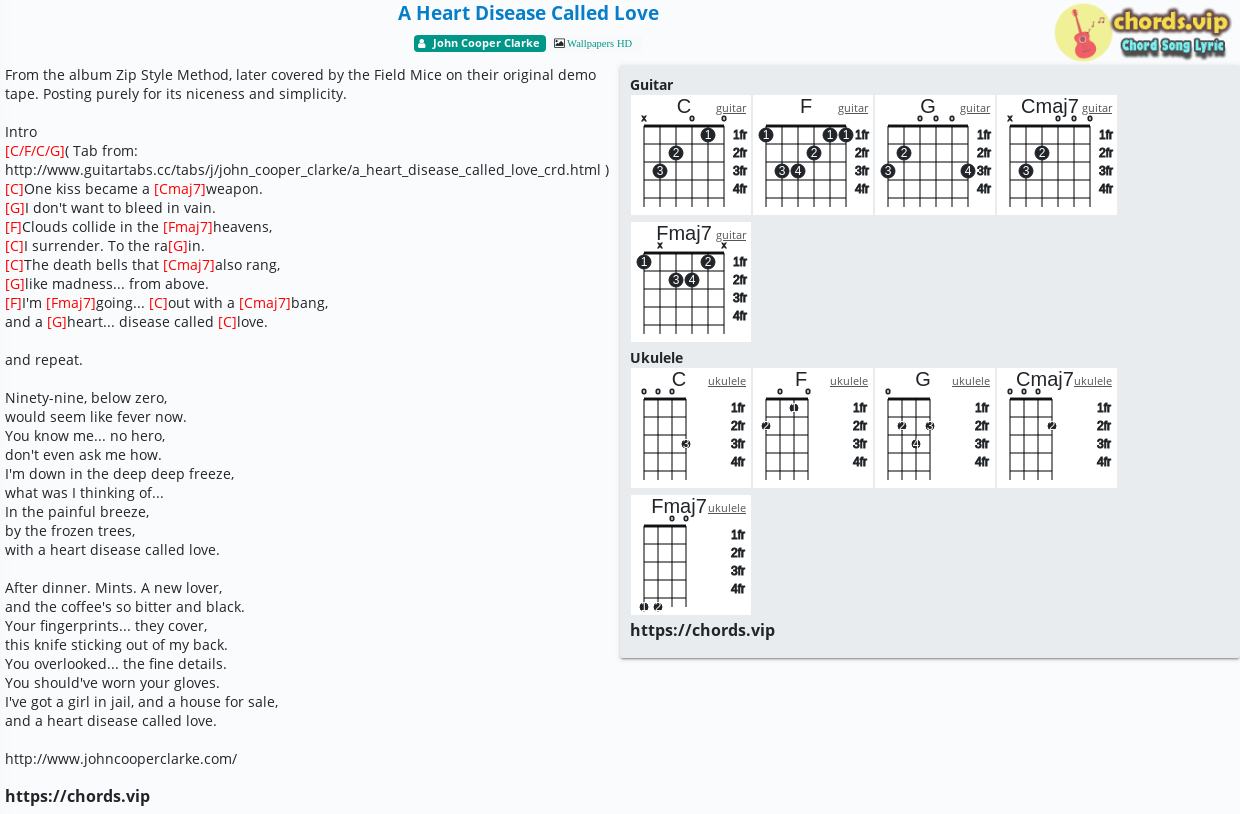 Chord A Heart Disease Called Love John Cooper Clarke Tab Song Lyric Sheet Guitar Ukulele Chords Vip