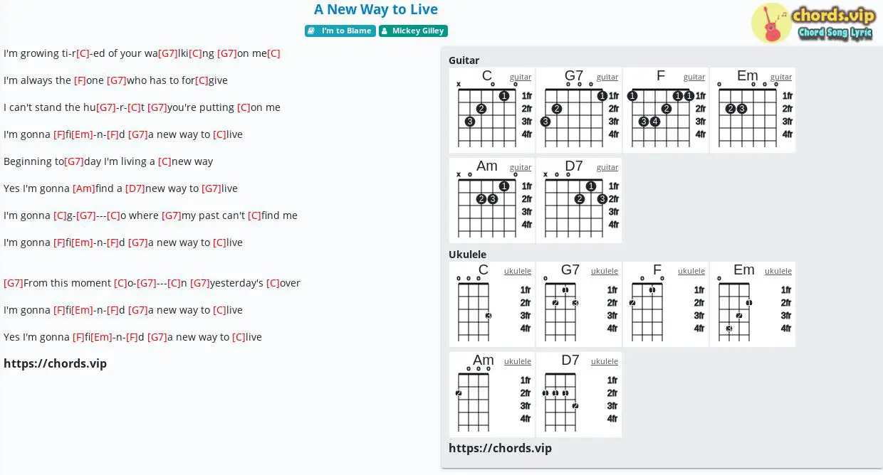 Chord A New Way To Live Mickey Gilley Tab Song Lyric Sheet Guitar Ukulele Chords Vip