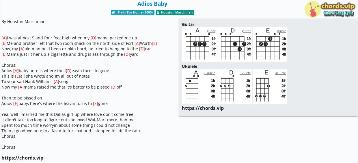 Chord Adios Baby Houston Marchman Tab Song Lyric Sheet Guitar Ukulele Chords Vip