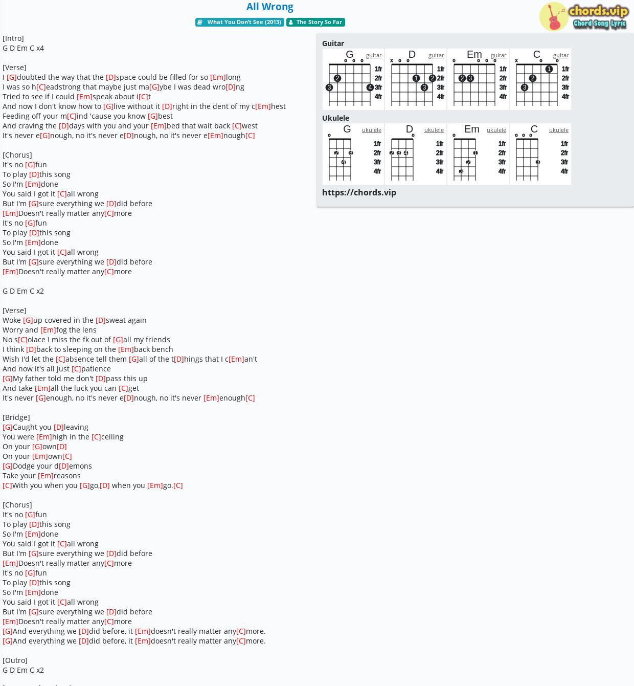 Chord All Wrong tab song lyric sheet guitar ukulele