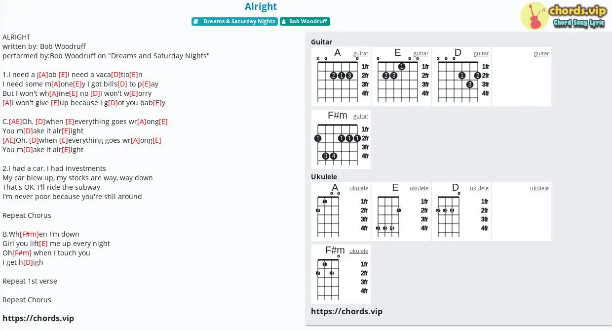 Chord Alright Bob Woodruff Tab Song Lyric Sheet Guitar Ukulele Chords Vip