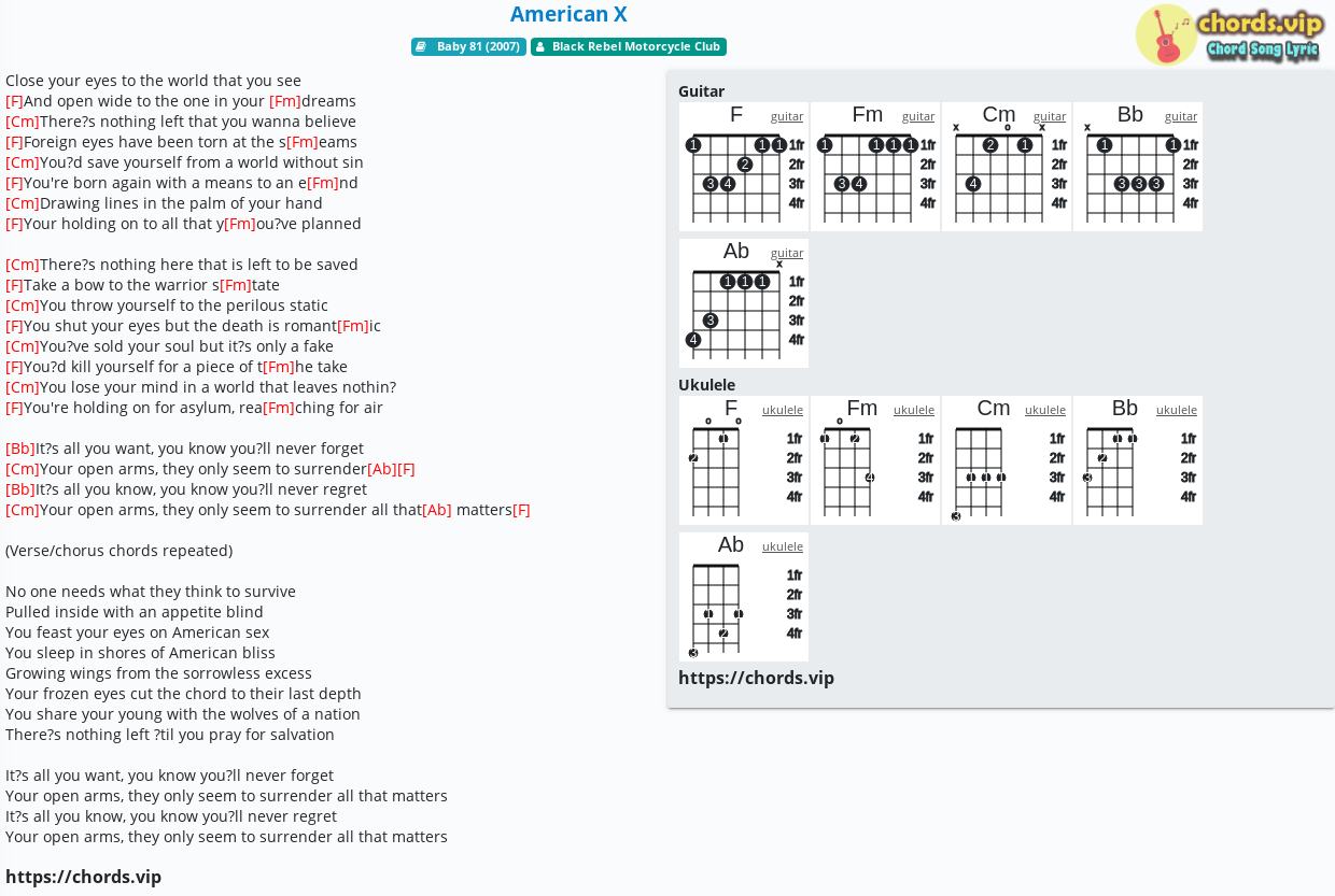 Chord: American X - Black Rebel Motorcycle Club - tab, song lyric, sheet,  guitar, ukulele 