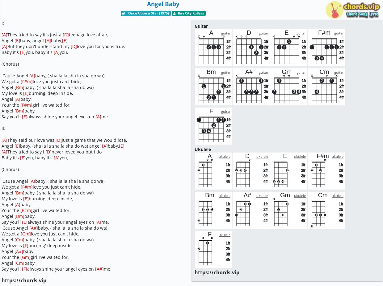 Chord Angel Baby Bay City Rollers Tab Song Lyric Sheet Guitar 