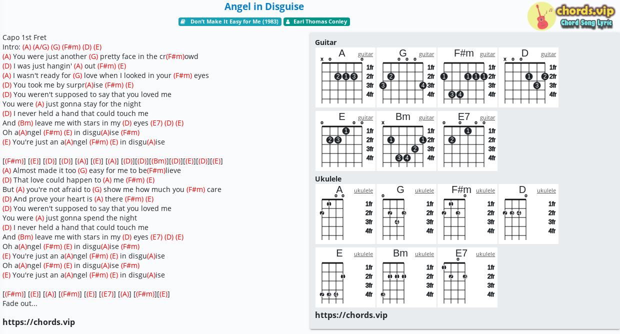 Chord: Angel in Disguise - Earl Thomas Conley - tab, song lyric, sheet