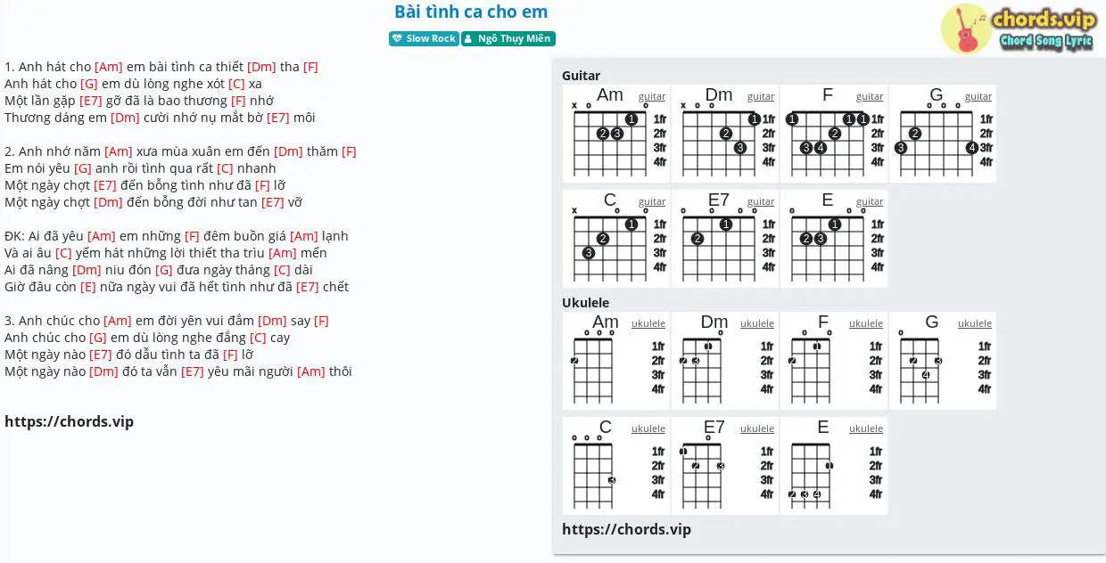 Hợp âm: Bài tình ca cho em - Ngô Thụy Miên - cảm âm, tab guitar, ukulele - lời bài hát | chords.vip