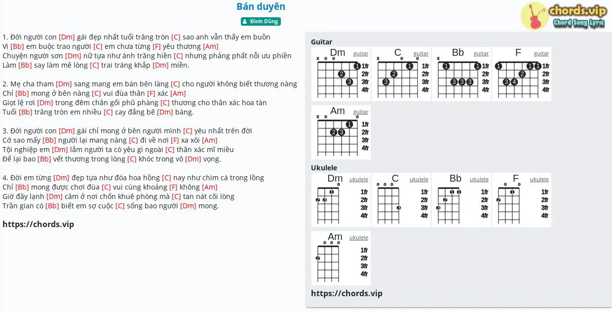 Hợp âm: Bán duyên - Đình Dũng - cảm âm, tab guitar, ukulele - lời ...
