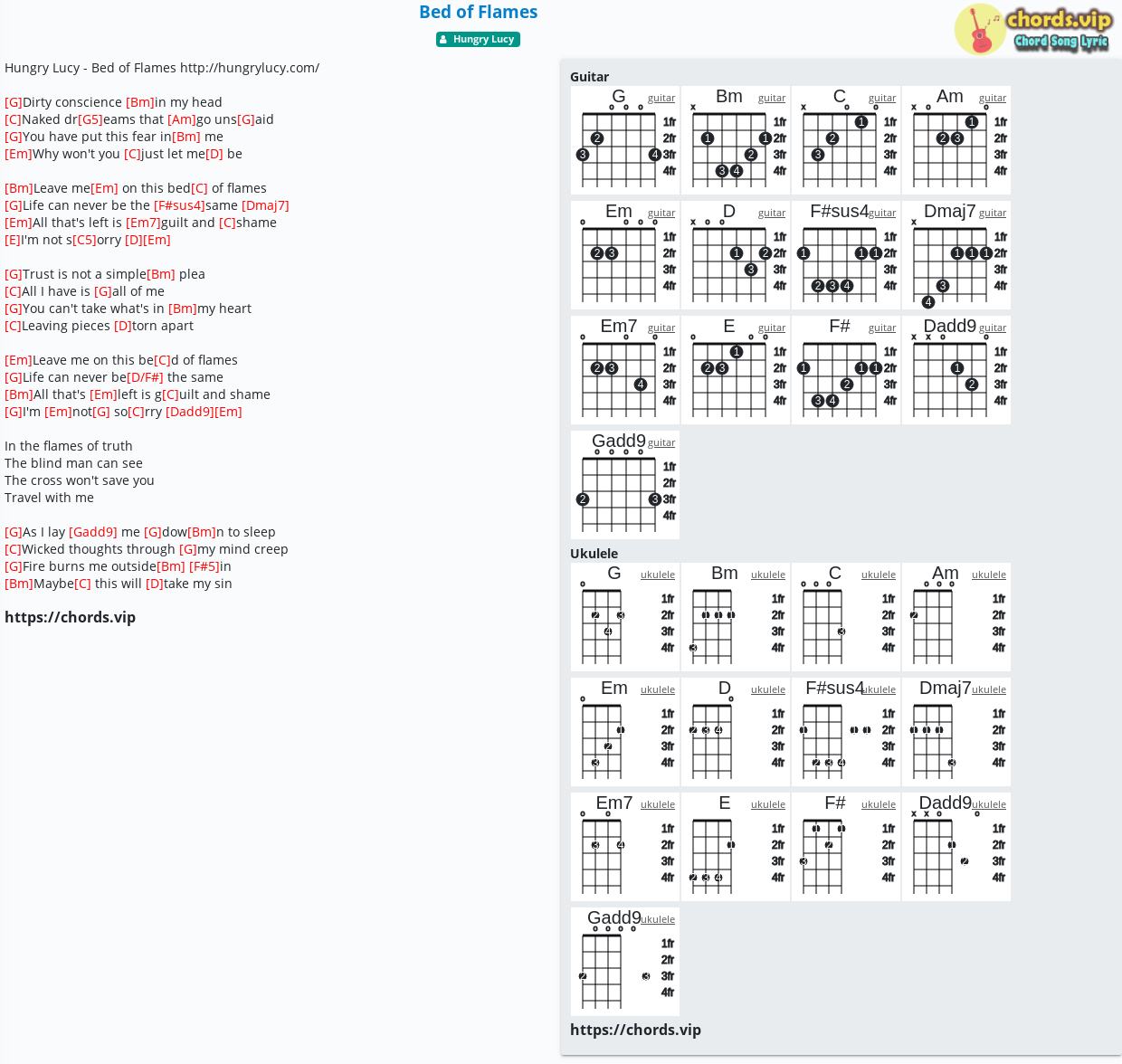 Chord Bed of Flames tab, song lyric, sheet, guitar, ukulele chords.vip