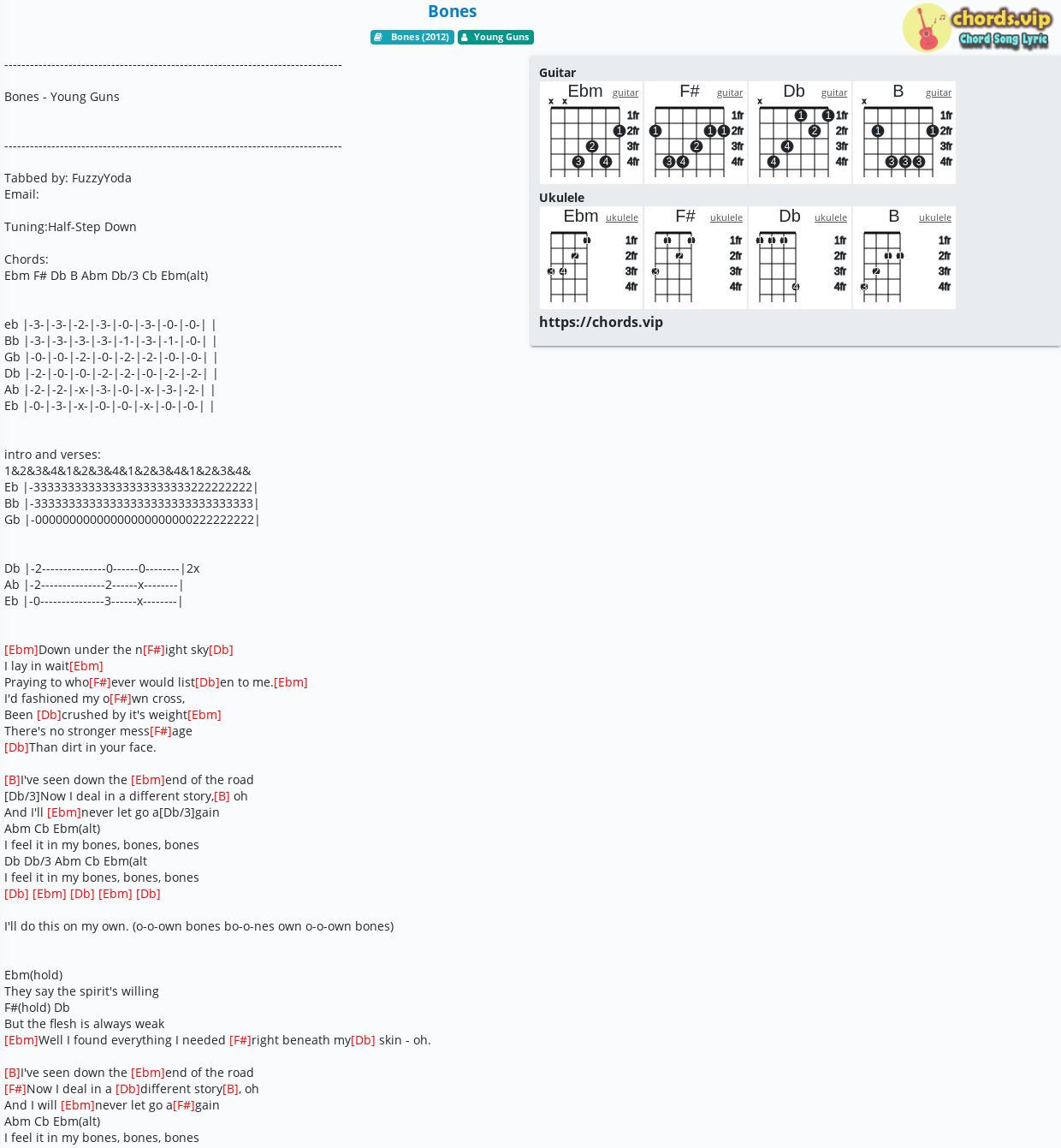 Chord Bones Young Guns Tab Song Lyric Sheet Guitar Ukulele Chords Vip