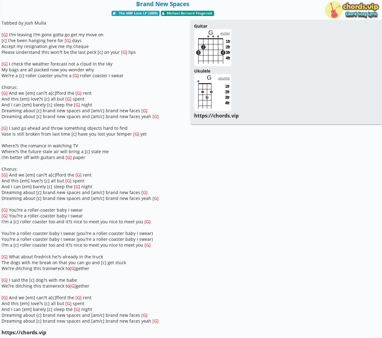 Chord Brand New Spaces Michael Bernard Fitzgerald Tab Song Lyric Sheet Guitar Ukulele Chords Vip
