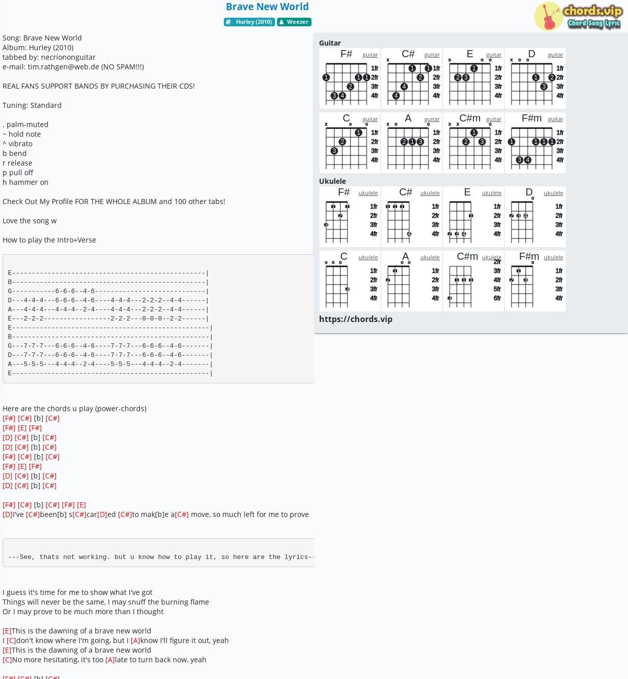 Chord Brave New World Weezer Tab Song Lyric Sheet Guitar Ukulele Chords Vip