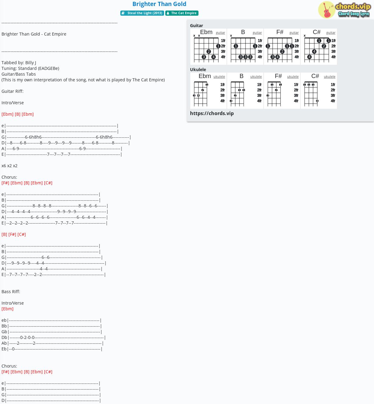 Chord Brighter Than Gold The Cat Empire Tab Song Lyric Sheet Guitar Ukulele Chords Vip