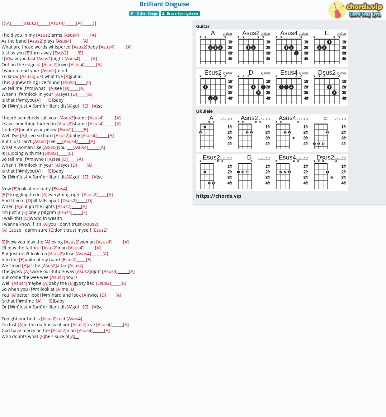 Chord: Brilliant Disguise - tab, song lyric, sheet, guitar, ukulele
