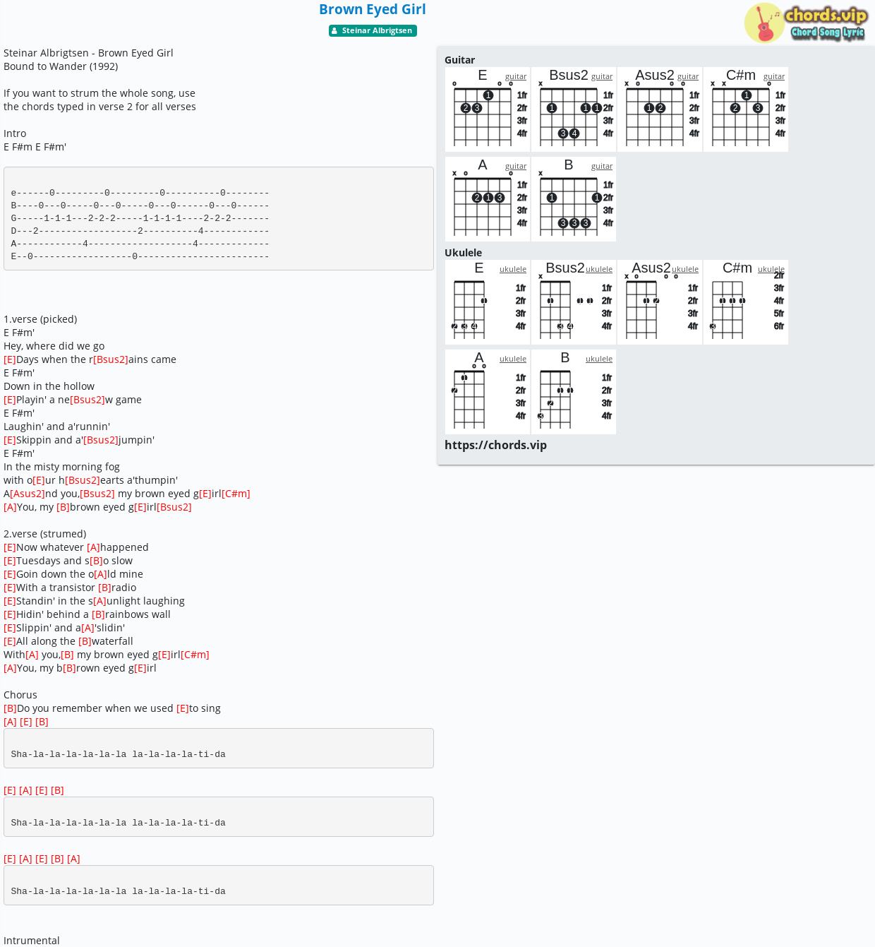 Chord Brown Eyed Girl Tab Song Lyric Sheet Guitar Ukulele Chordsvip 0992