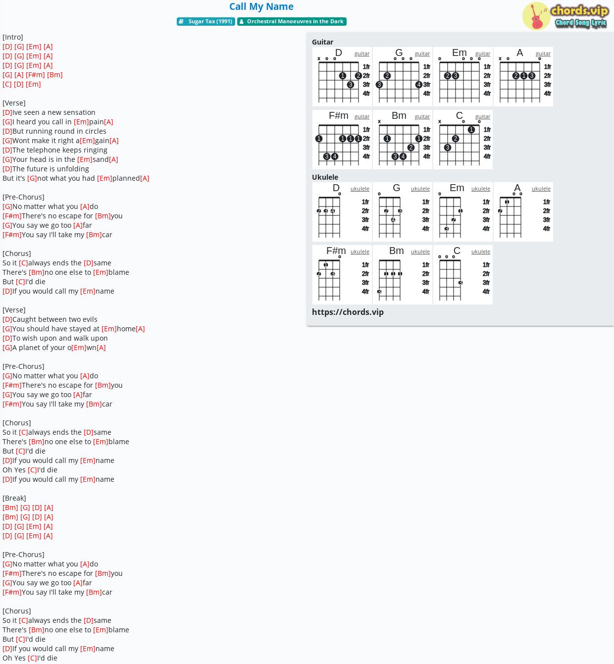 Chord Call My Name Orchestral Manoeuvres In The Dark Tab Song Lyric Sheet Guitar