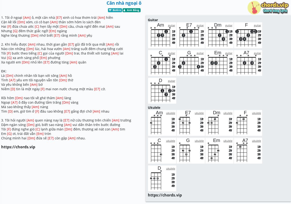 Chord: Căn nhà ngoại ô - Anh Bằng - tab, song lyric, sheet, guitar ...