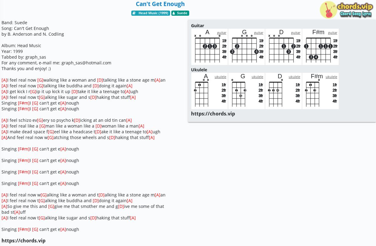 Chord: Can't Get Enough - Suede - tab, song lyric, sheet, guitar ...