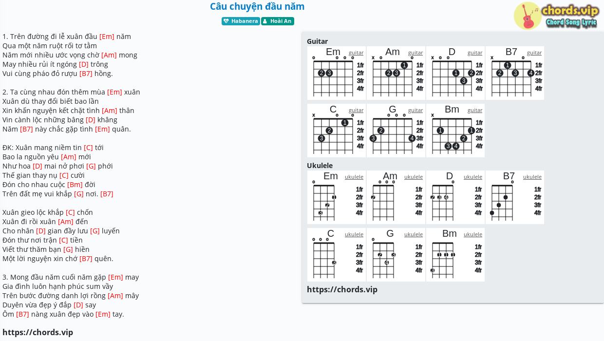 Hợp âm: Câu chuyện đầu năm - Hoài An - cảm âm, tab guitar, ukulele - lời bài hát | chords.vip