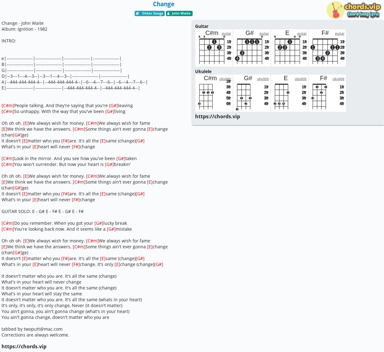 Chord: Change - tab, song lyric, sheet, guitar, ukulele | chords.vip