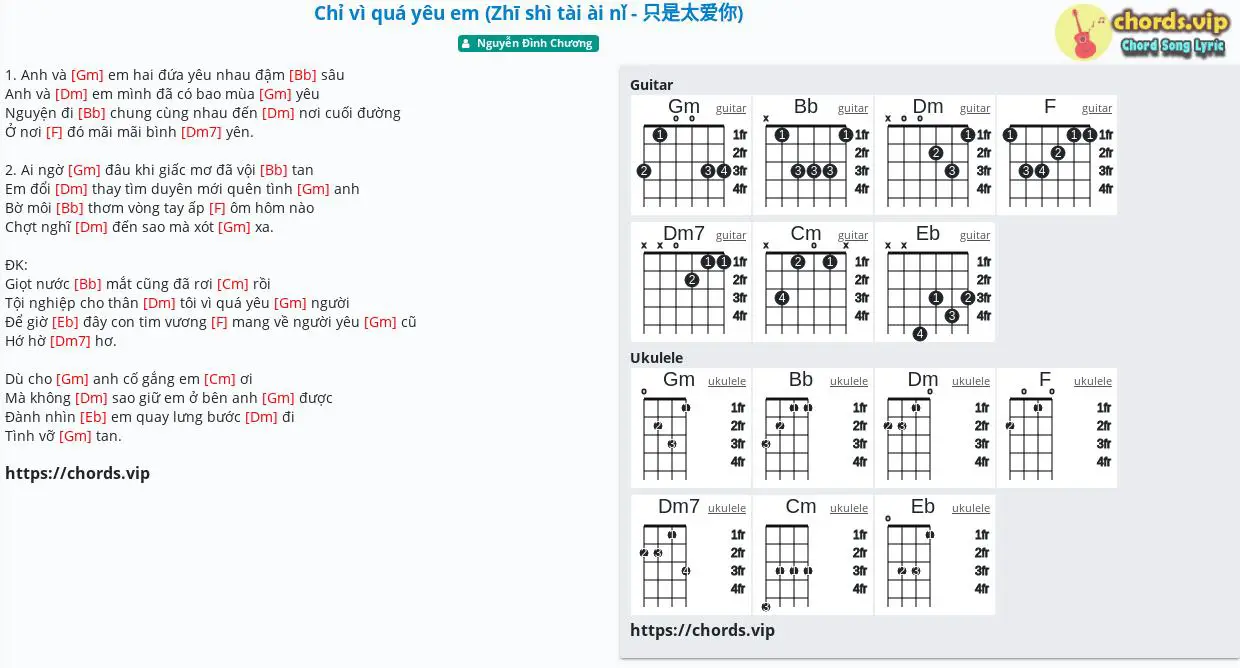 Chord Chỉ Vi Qua Yeu Em Zhi Shi Tai Ai Nǐ 只是太爱你 Nguyễn đinh Chương Tab Song Lyric Sheet Guitar Ukulele Chords Vip