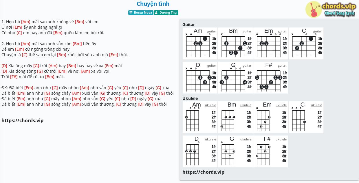 Hợp âm: Chuyện tình - Dương Thụ - cảm âm, tab guitar, ukulele - lời bài hát | chords.vip