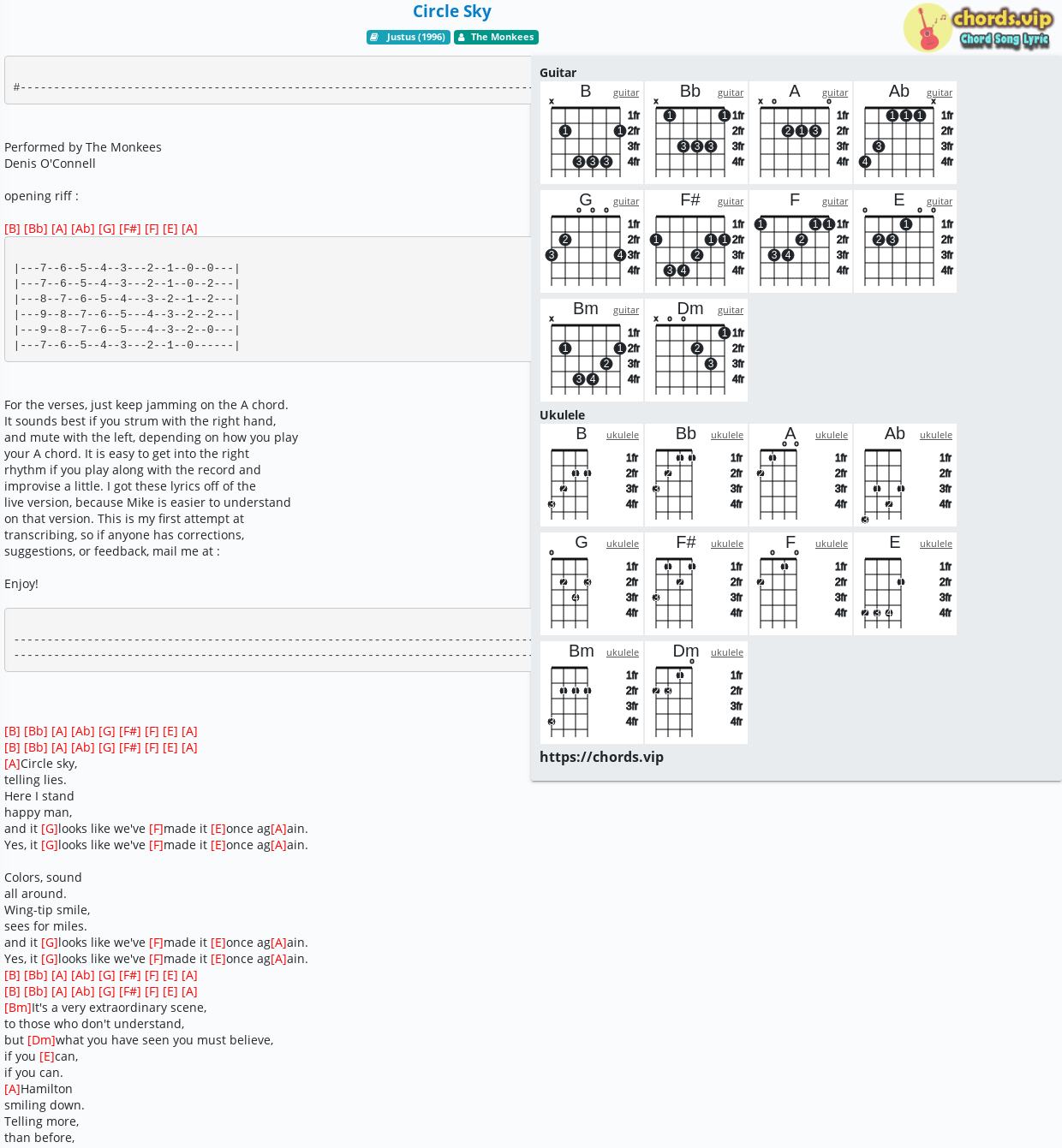 Chord Circle Sky The Monkees Tab Song Lyric Sheet Guitar Ukulele Chords Vip