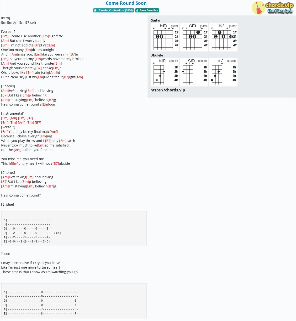 Chord Come Round Soon Sara Bareilles Tab Song Lyric Sheet 