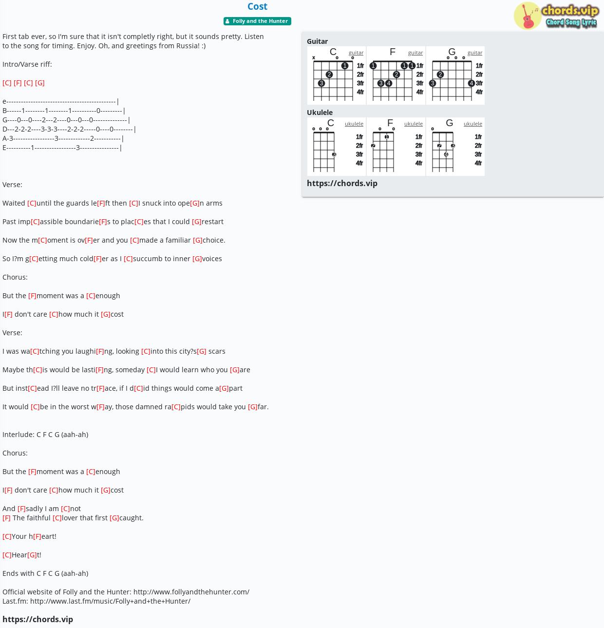 Chord Cost Folly And The Hunter Tab Song Lyric Sheet Guitar Ukulele Chords Vip