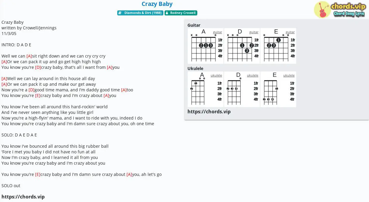 Chord Crazy Baby Rodney Crowell Tab Song Lyric Sheet Guitar Ukulele Chords Vip