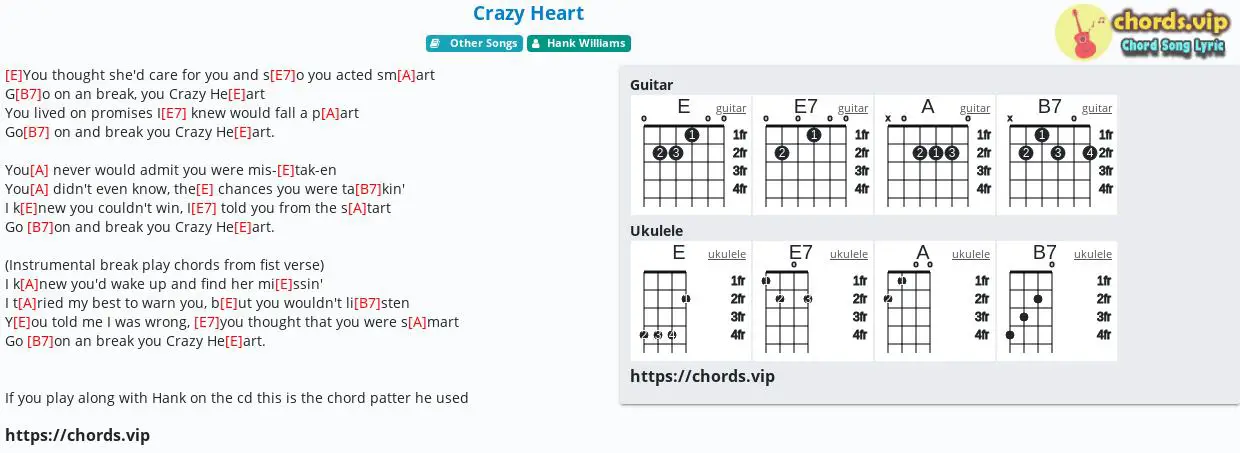 Chord Crazy Heart Hank Williams Tab Song Lyric Sheet Guitar Ukulele Chords Vip