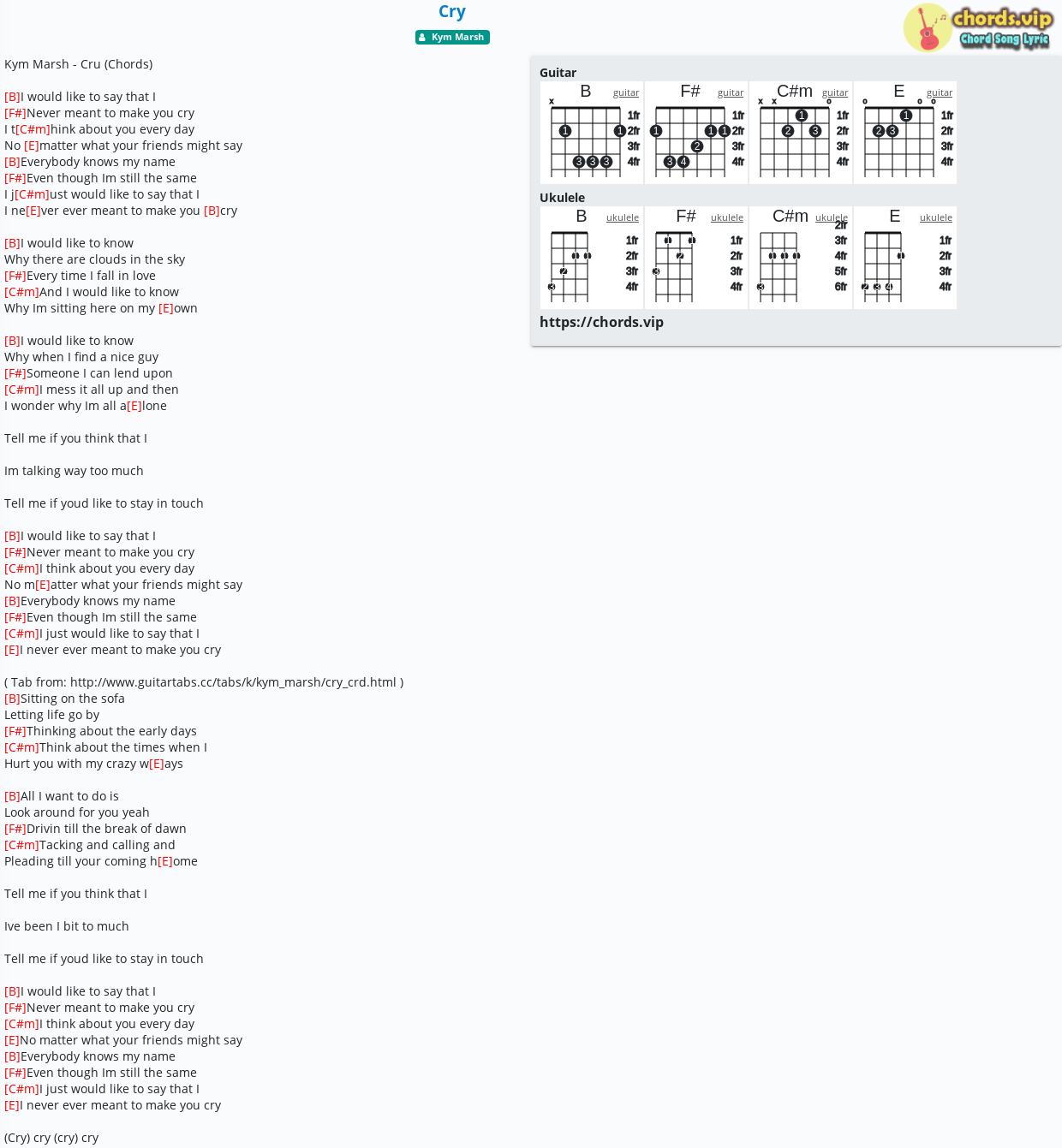 Chord Cry Kym Marsh Tab Song Lyric Sheet Guitar Ukulele Chords Vip