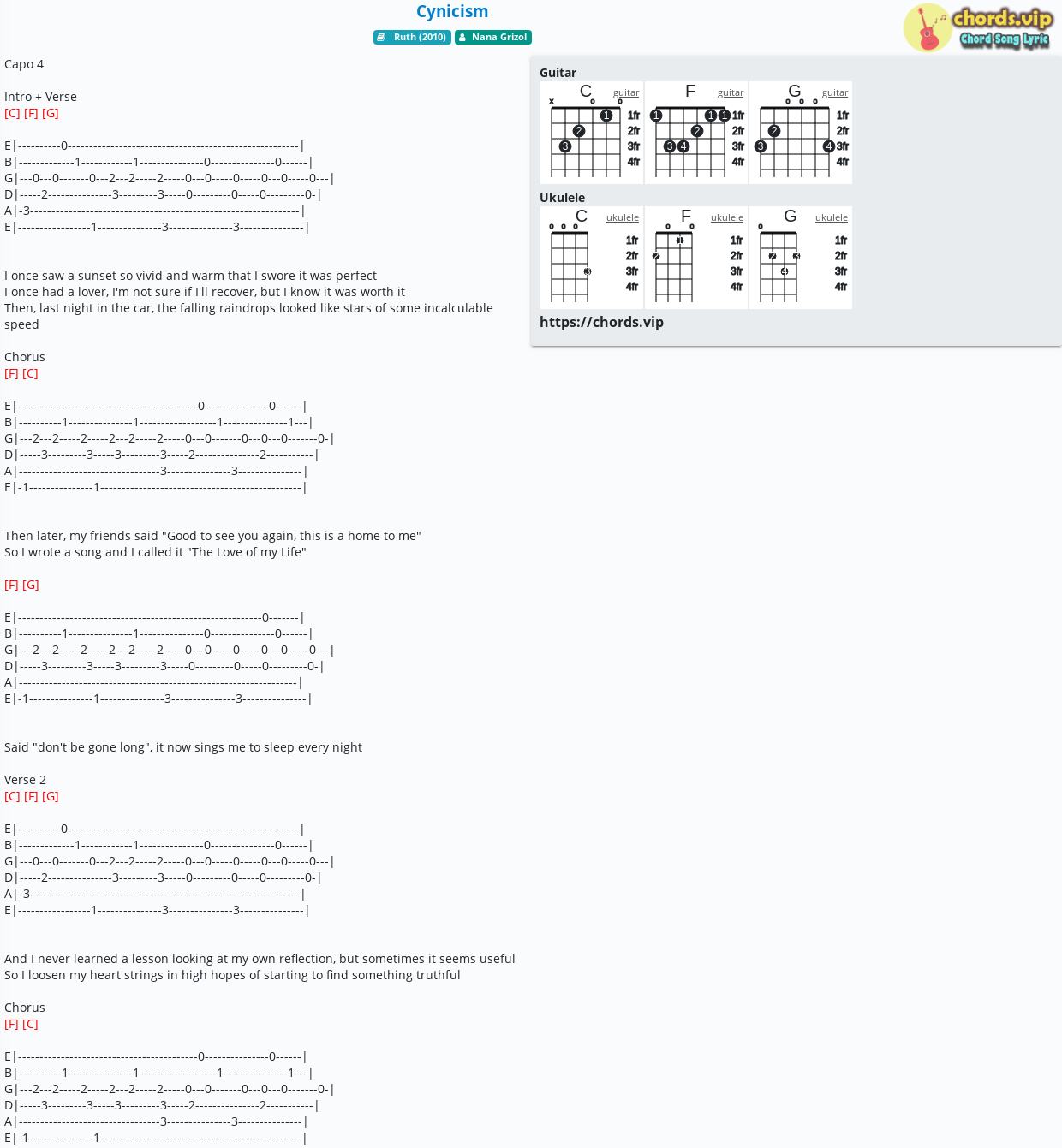 Chord Cynicism Nana Grizol Tab Song Lyric Sheet Guitar Ukulele Chords Vip