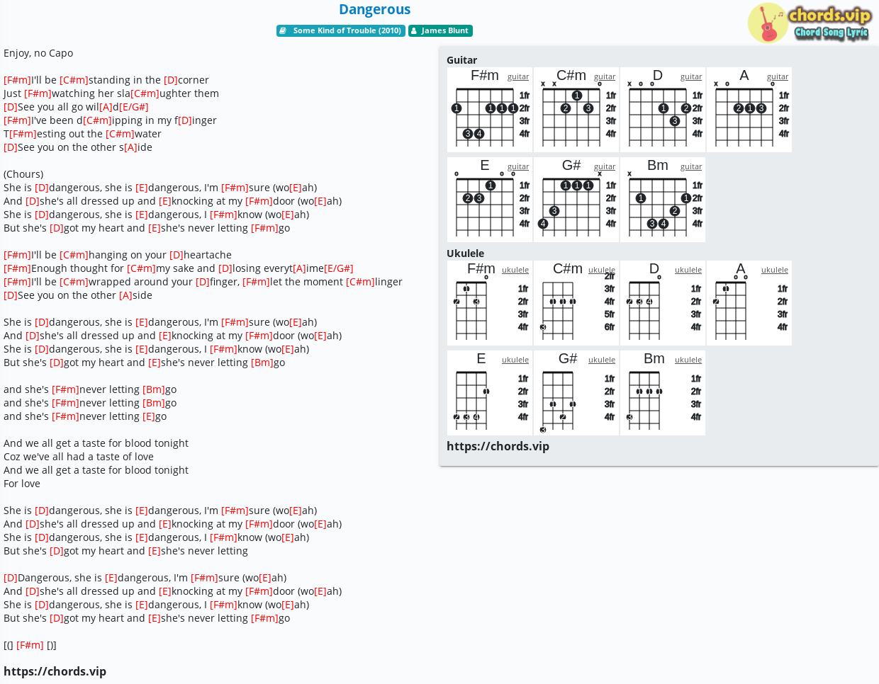 Chord: Dangerous - James Blunt - tab, song lyric, sheet, guitar