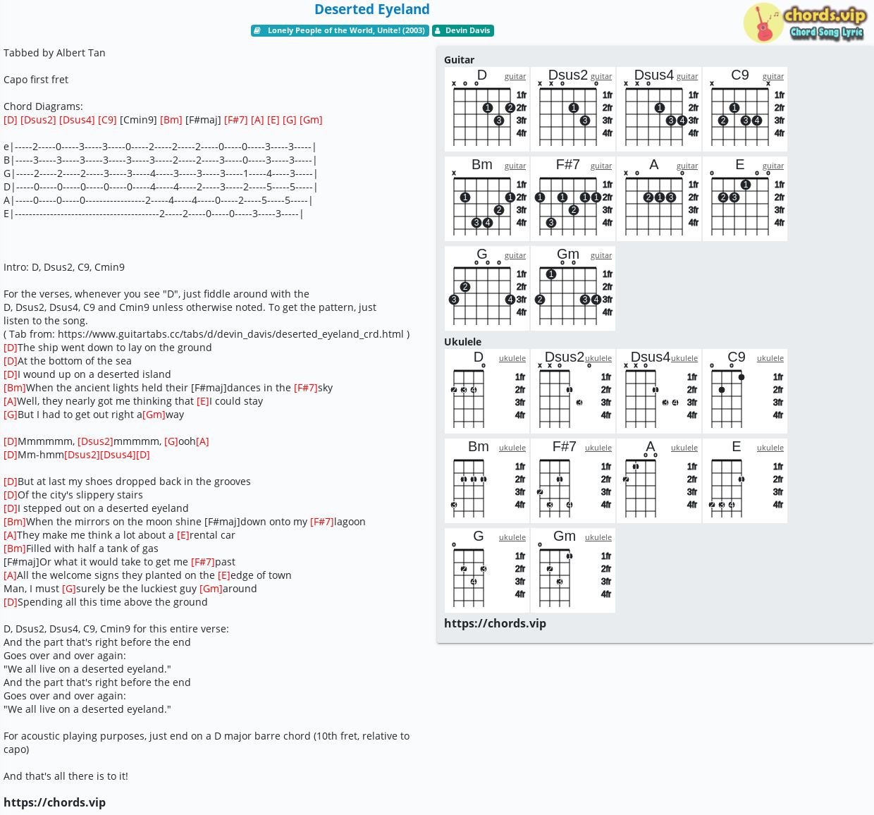 Chord Deserted Eyeland Devin Davis Tab Song Lyric Sheet Guitar Ukulele Chords Vip