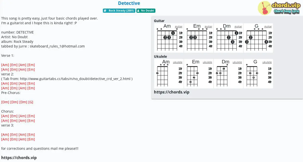 Chord Detective No Doubt Tab Song Lyric Sheet Guitar Ukulele Chords Vip