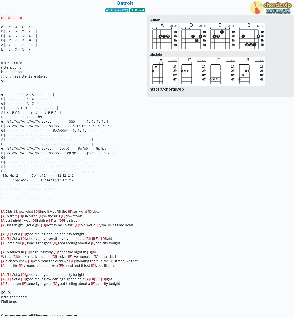 Chord Detroit Rancid Tab Song Lyric Sheet Guitar Ukulele Chordsvip 