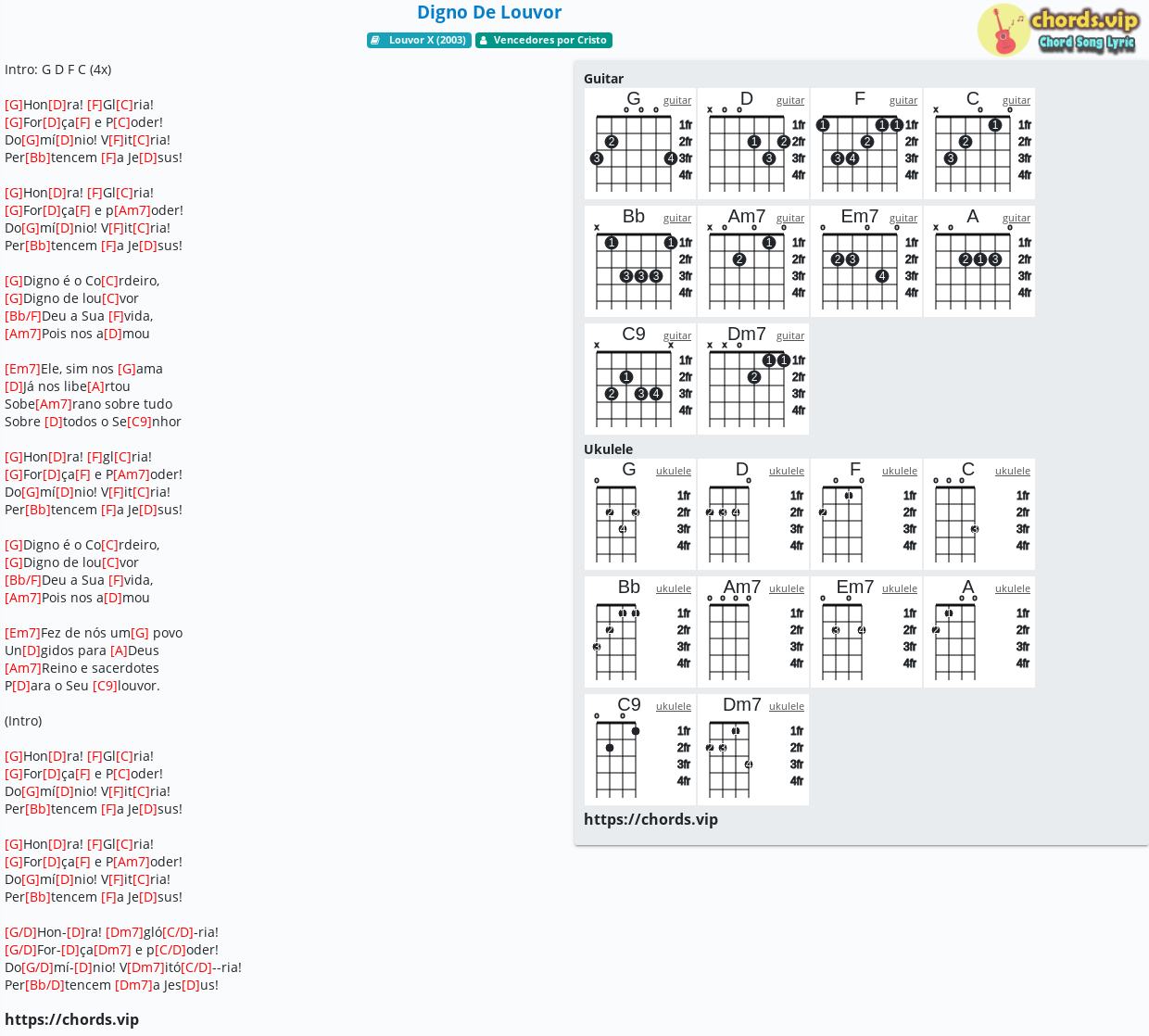 Chord Digno De Louvor Vencedores Por Cristo Tab Song Lyric Sheet Guitar Ukulele Chords Vip