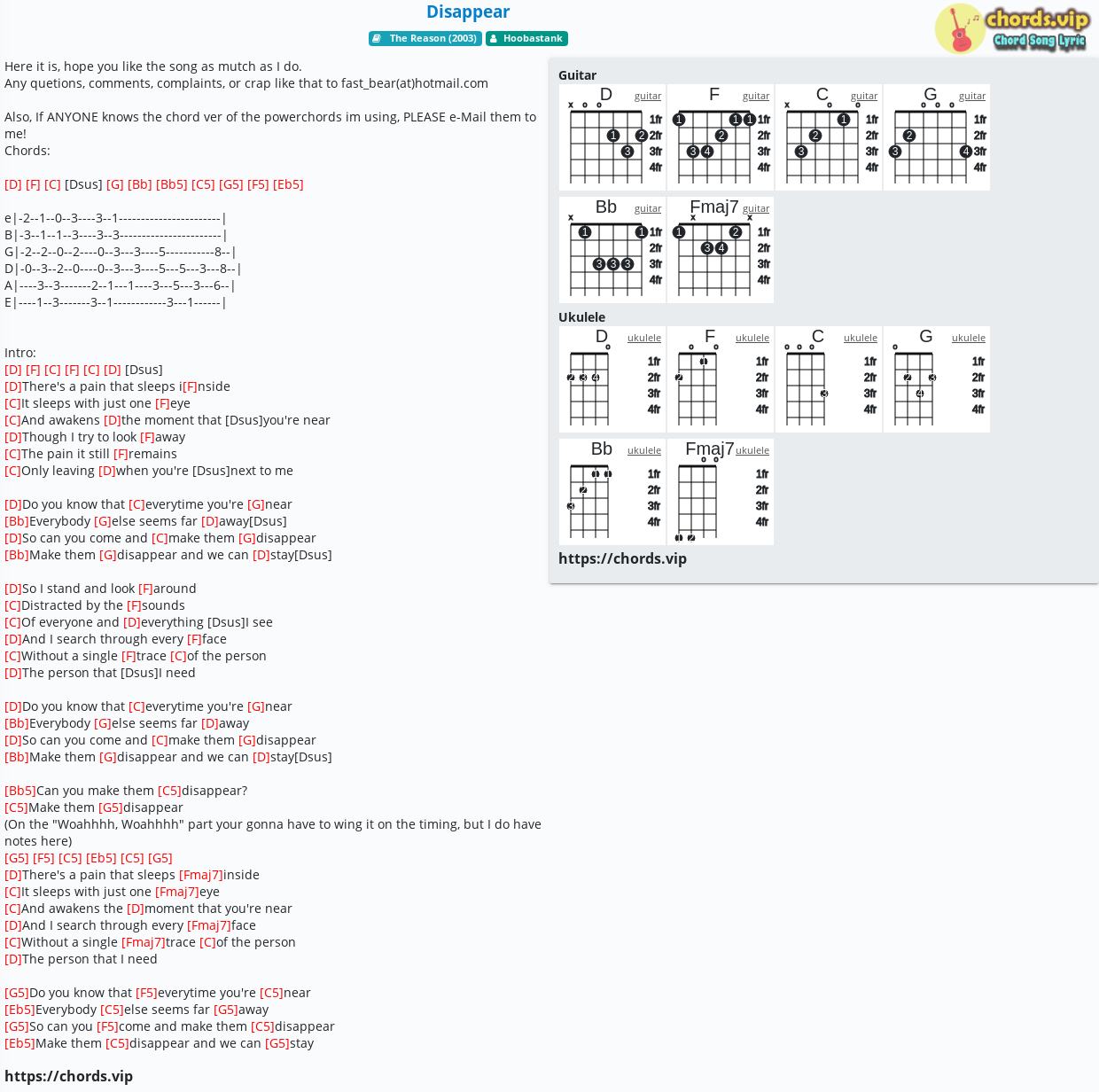 Chord Disappear Hoobastank Tab Song Lyric Sheet Guitar Ukulele Chords Vip