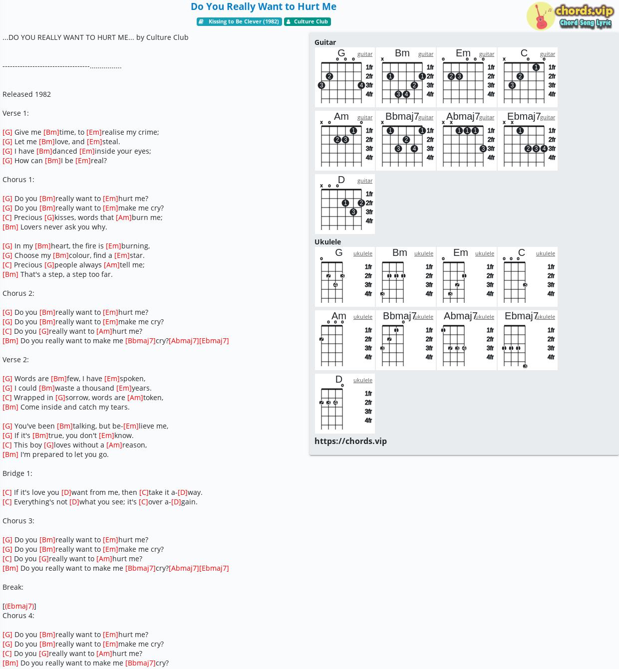 Chord Do You Really Want To Hurt Me Tab Song Lyric Sheet Guitar 