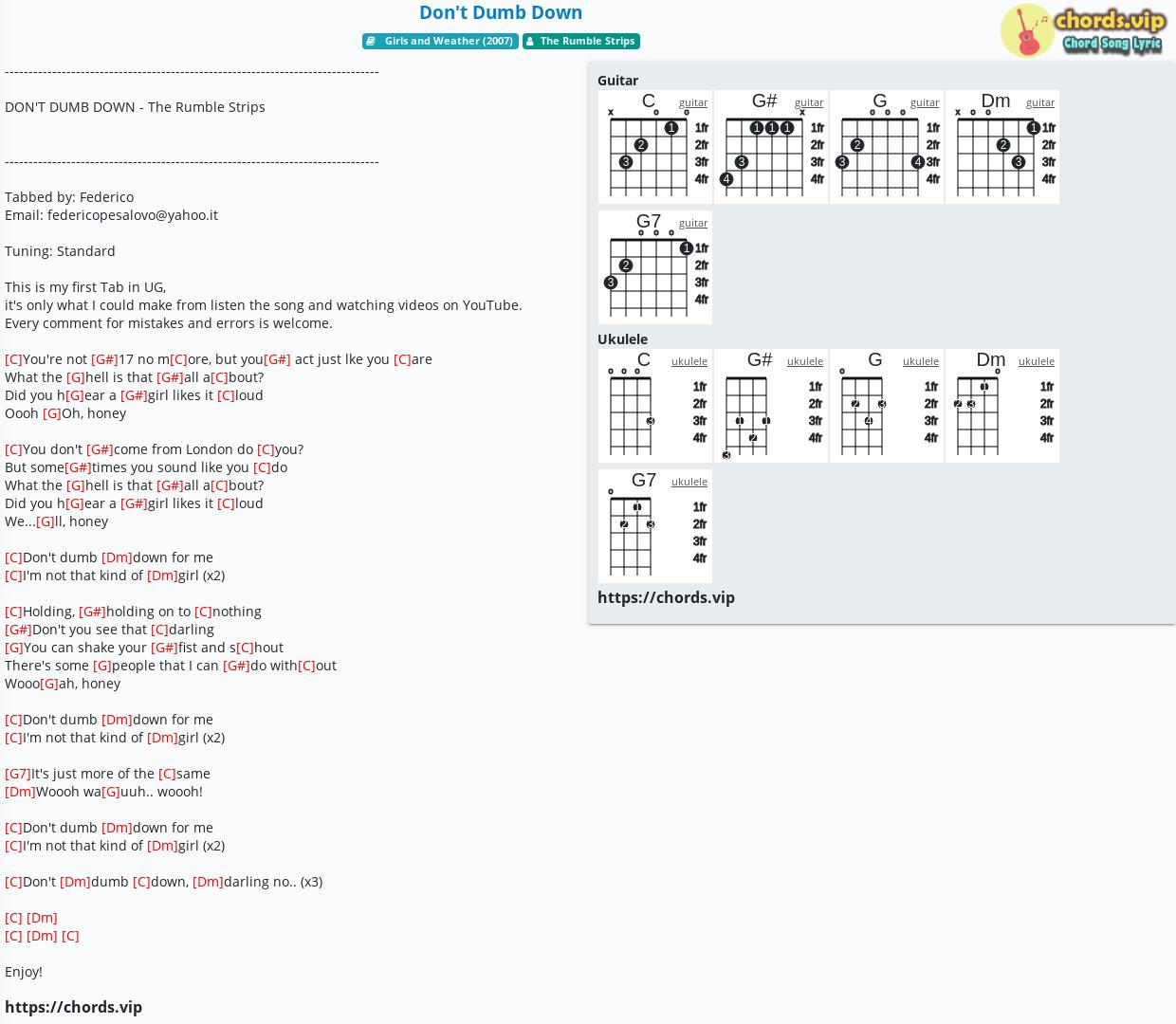 Chord: Don't Dumb Down - The Rumble Strips - tab, song lyric, sheet