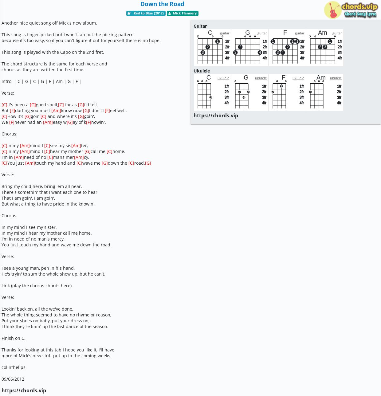 Chord Down The Road Mick Flannery Tab Song Lyric Sheet Guitar Ukulele Chords Vip