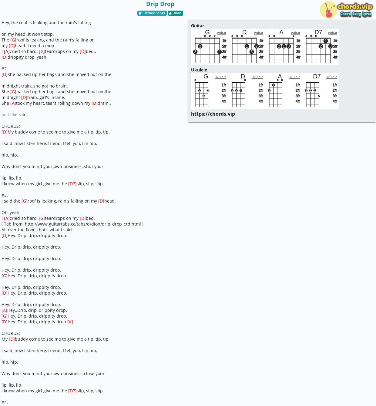 Chord: Drip Drop - Dion - Tab, Song Lyric, Sheet, Guitar, Ukulele ...