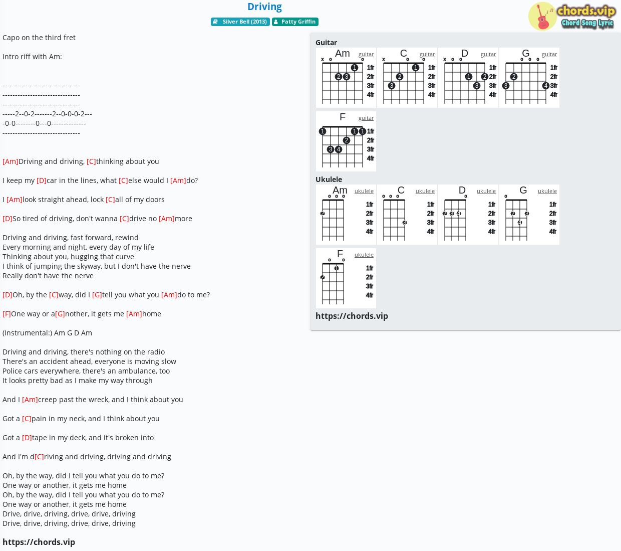 Chord Driving Patty Griffin Tab Song Lyric Sheet Guitar Ukulele Chordsvip 