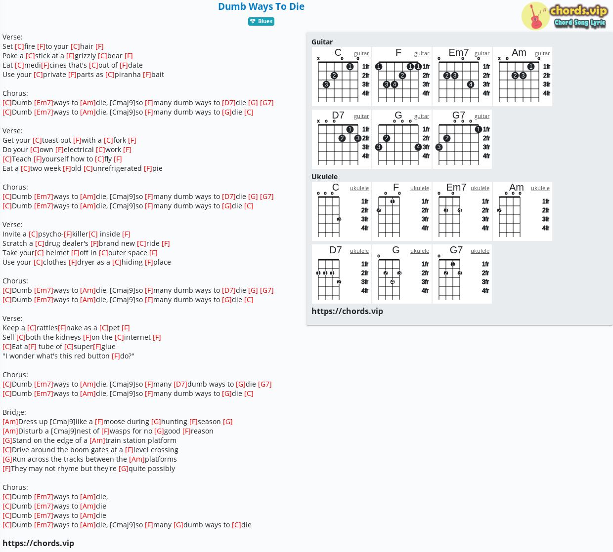 Chord Dumb Ways To Die Tab Song Lyric Sheet Guitar Ukulele 