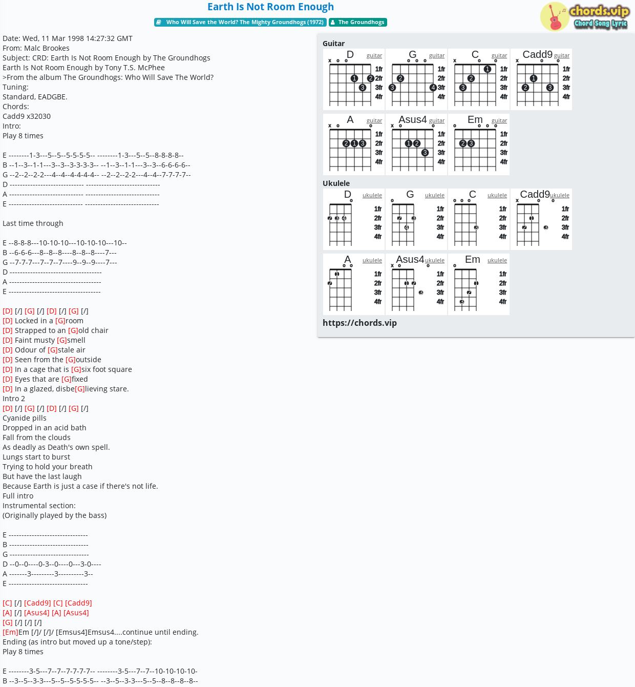 Chord: Earth Is Not Room Enough - The Groundhogs - tab, song lyric