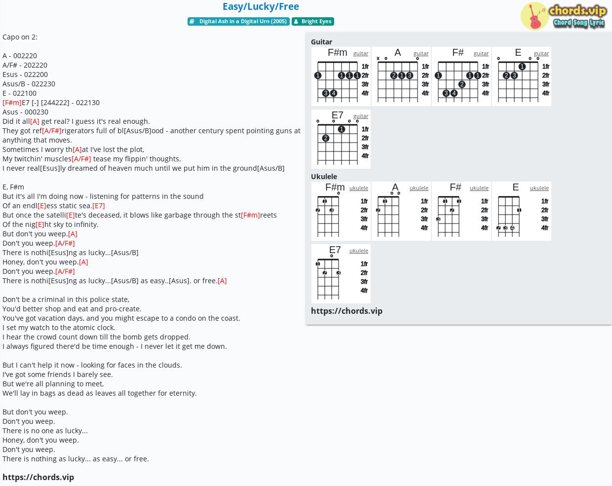 Chord Easy/Lucky/Free Bright Eyes tab, song lyric, sheet, guitar