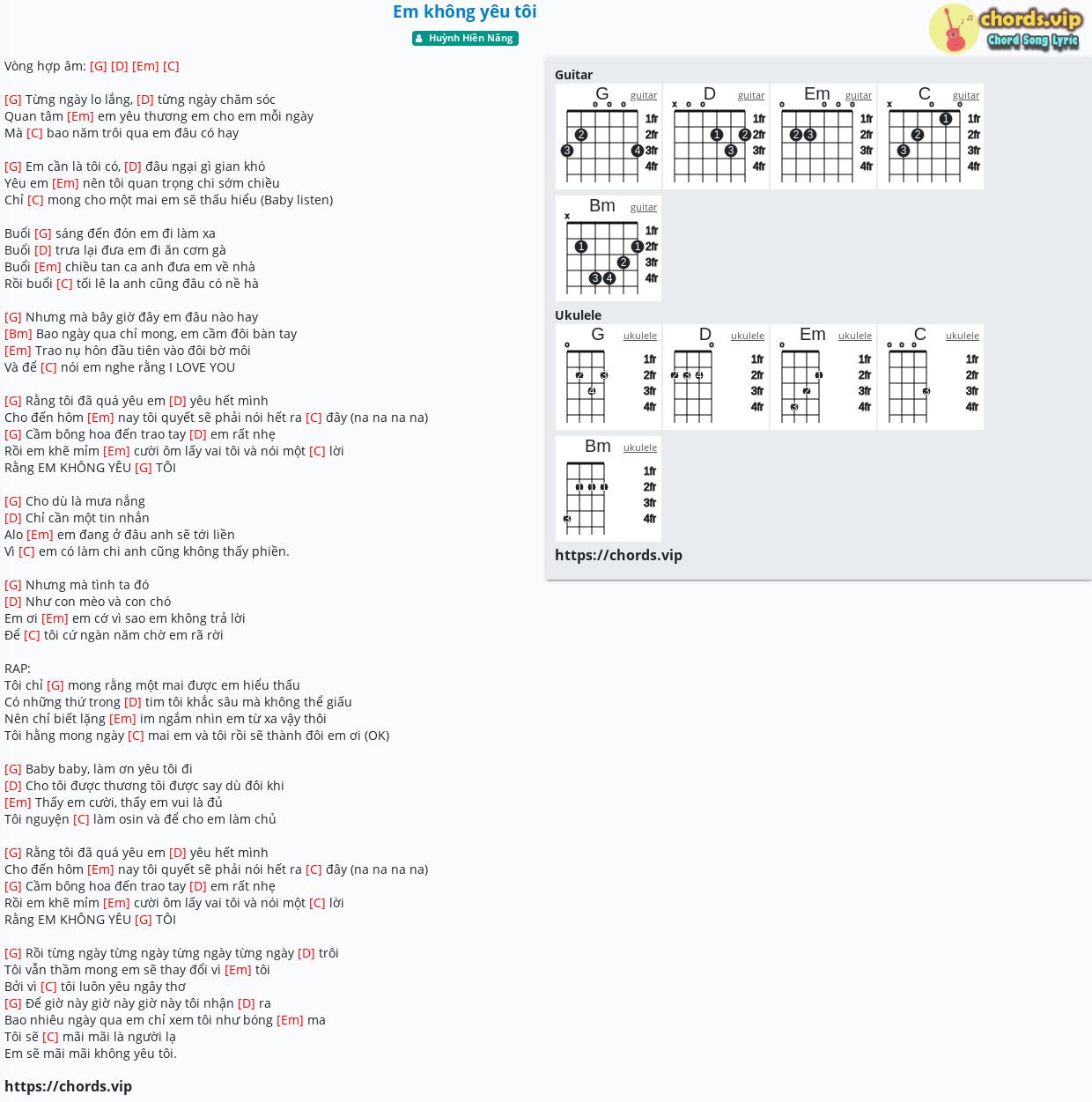 Chord: Em không yêu tôi - Huỳnh Hiền Năng - tab, song lyric, sheet 