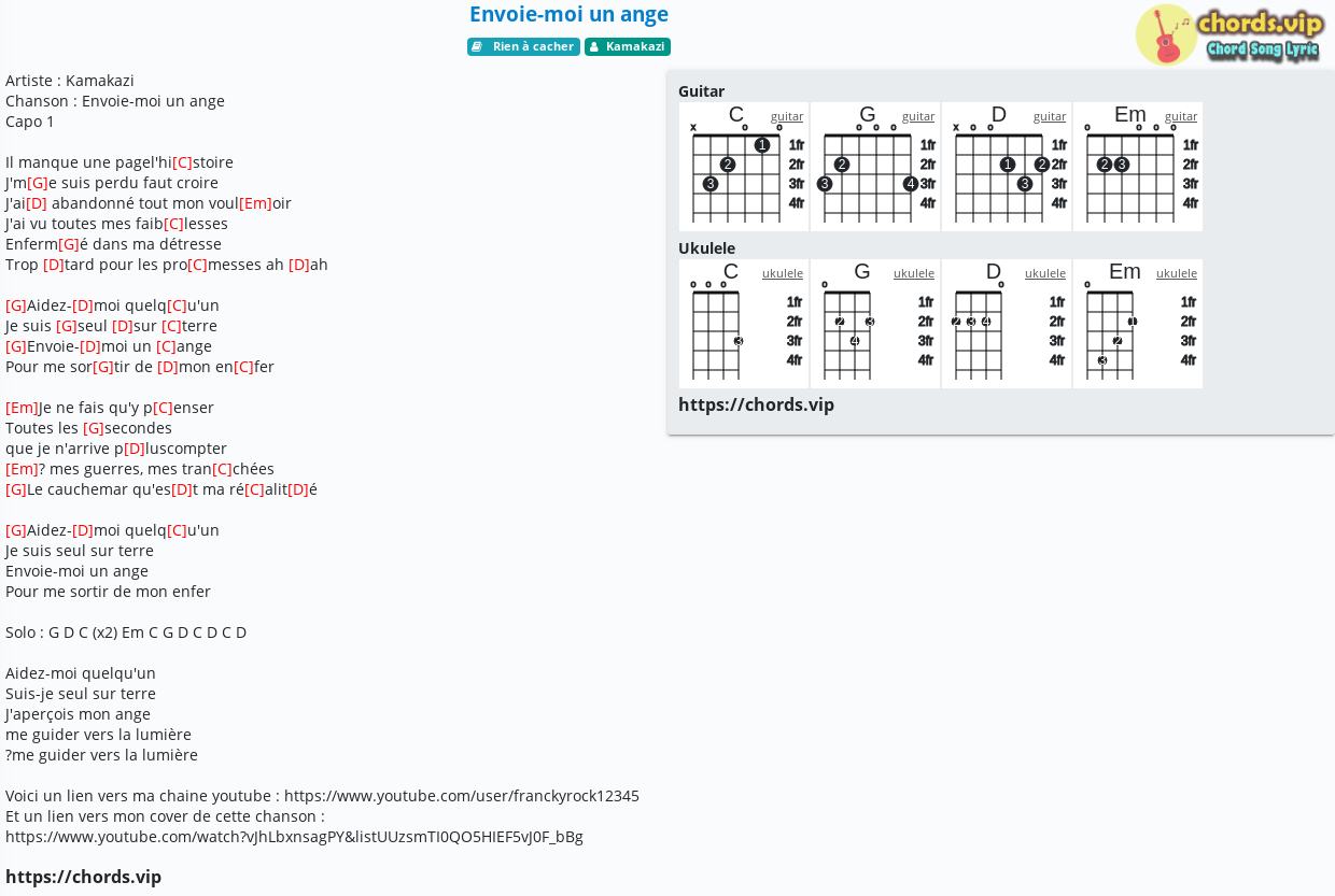 Chord Envoie Moi Un Ange Kamakazi Tab Song Lyric Sheet Guitar Ukulele Chords Vip